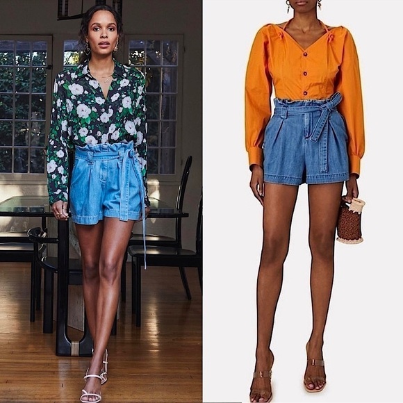 NWT L’AGENCE High Rise Paperbag Waist Soft Denim Tie Belt Pleated Jean Shorts 25 - Picture 1 of 16